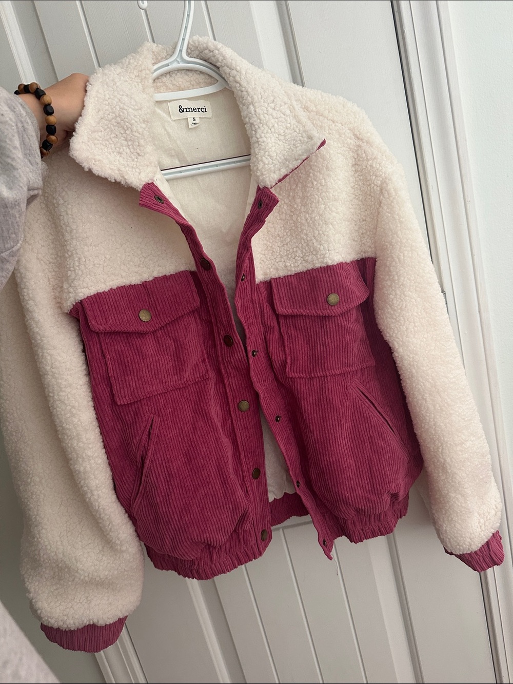 &merci Colorblocked Sherpa and Corduroy Jacket in Cream & Magenta